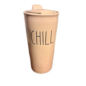 Rae Dunn Artisan Collection Ceramic travel Tumbler W/ “CHILL” Has A Lid. 7” NEW